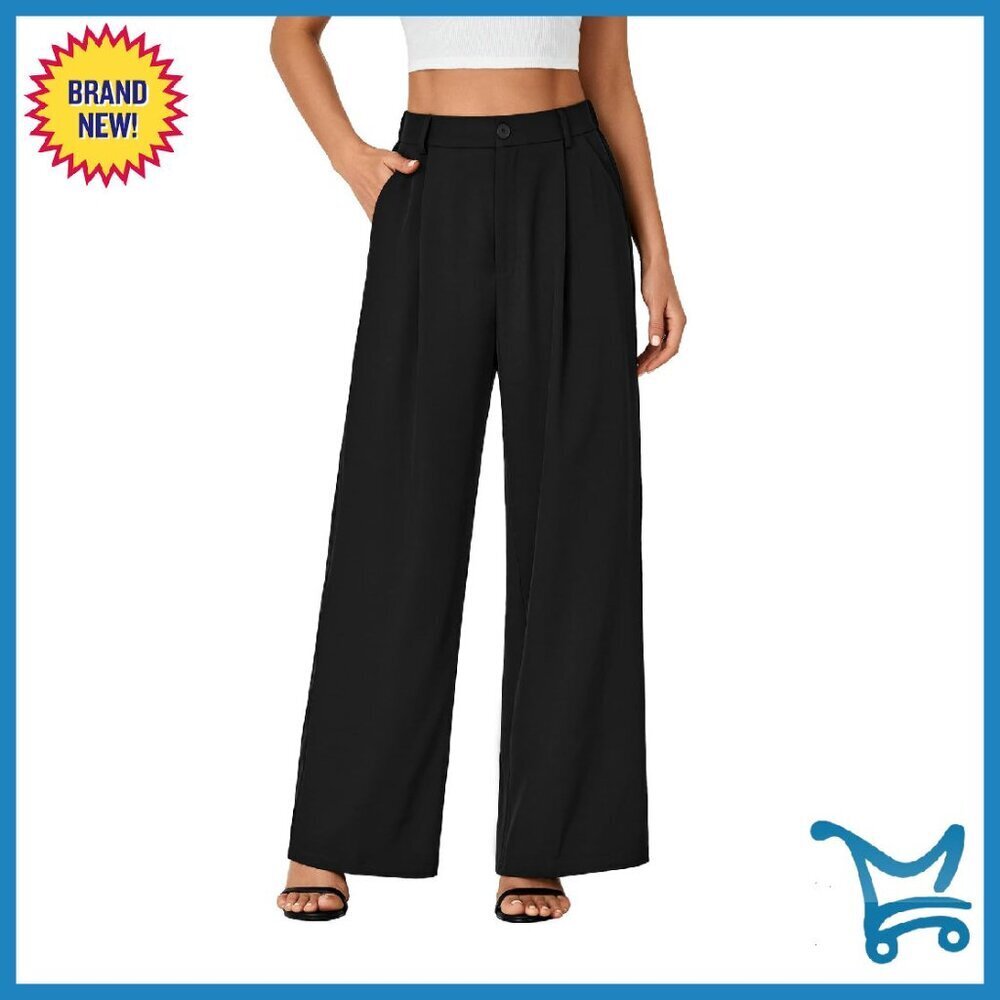 High Waisted Wide Leg Work Pants with Elastic Back, Polyester Fabric